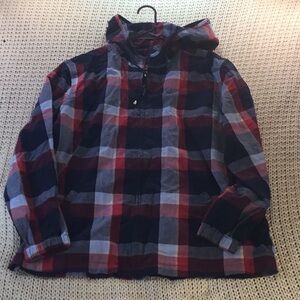 Christopher & Banks Red and Navy hooded Lightweight Plaid Jacket